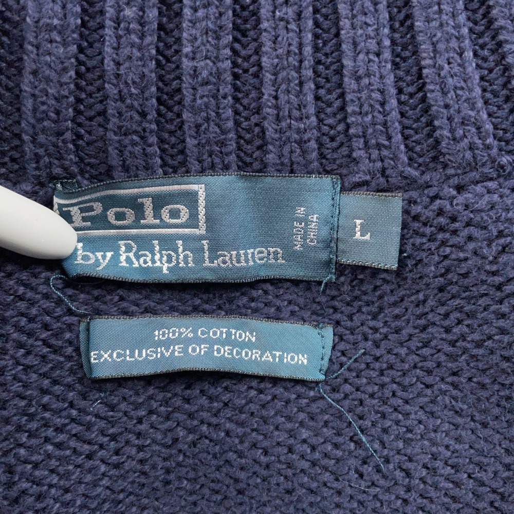 Polo Ralph Lauren Sweater Mens Large Navy Blue 1/4 Zip Cotton Chunky Knit - Picture 7 of 8